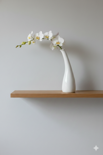 White vase with flowers on a wooden shelf against a gray wall