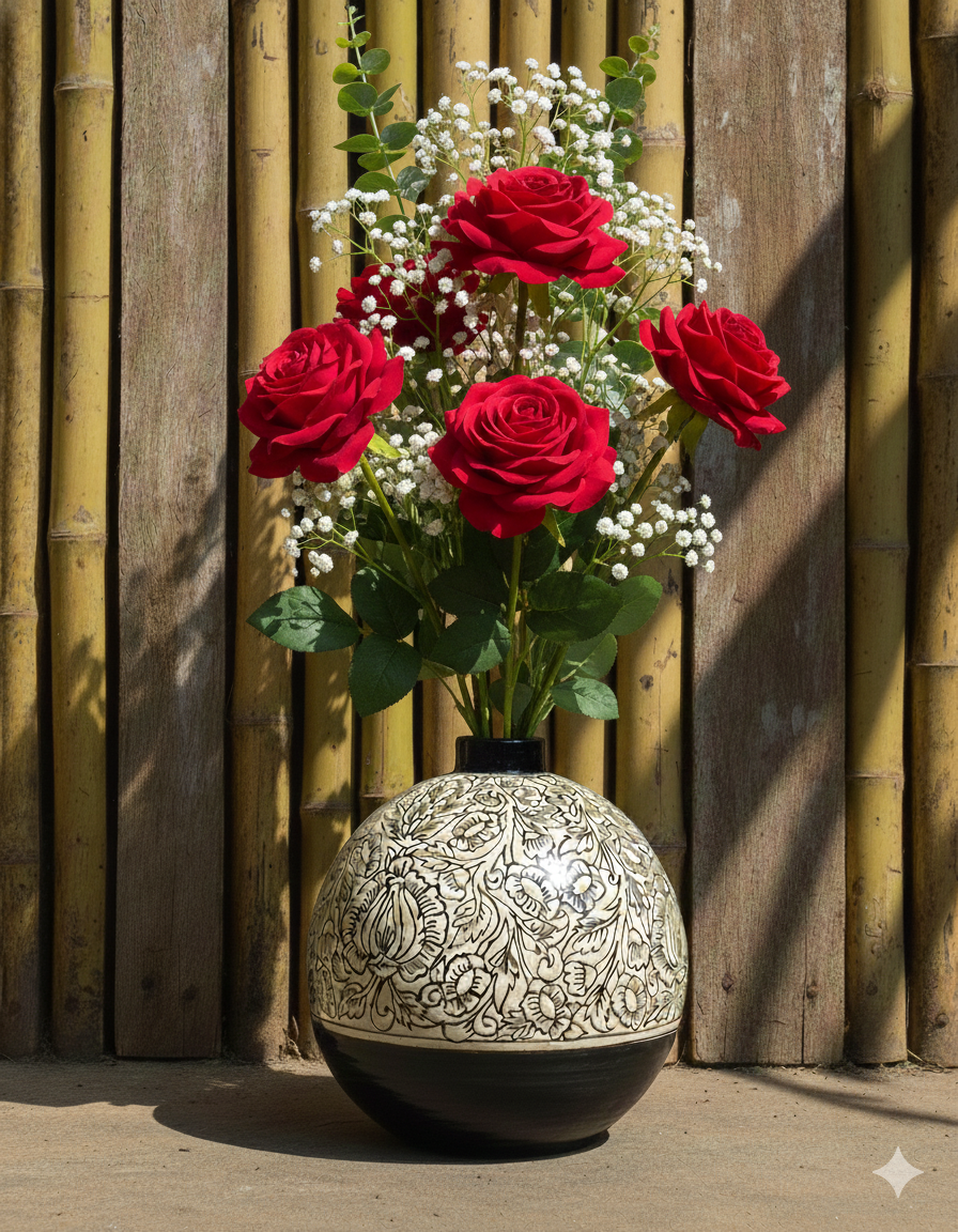 Decorative spherical vase with intricate patterns holding red roses against a wooden background