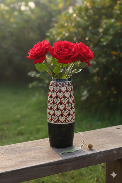 Decorative vase with red roses on a wooden surface outdoors