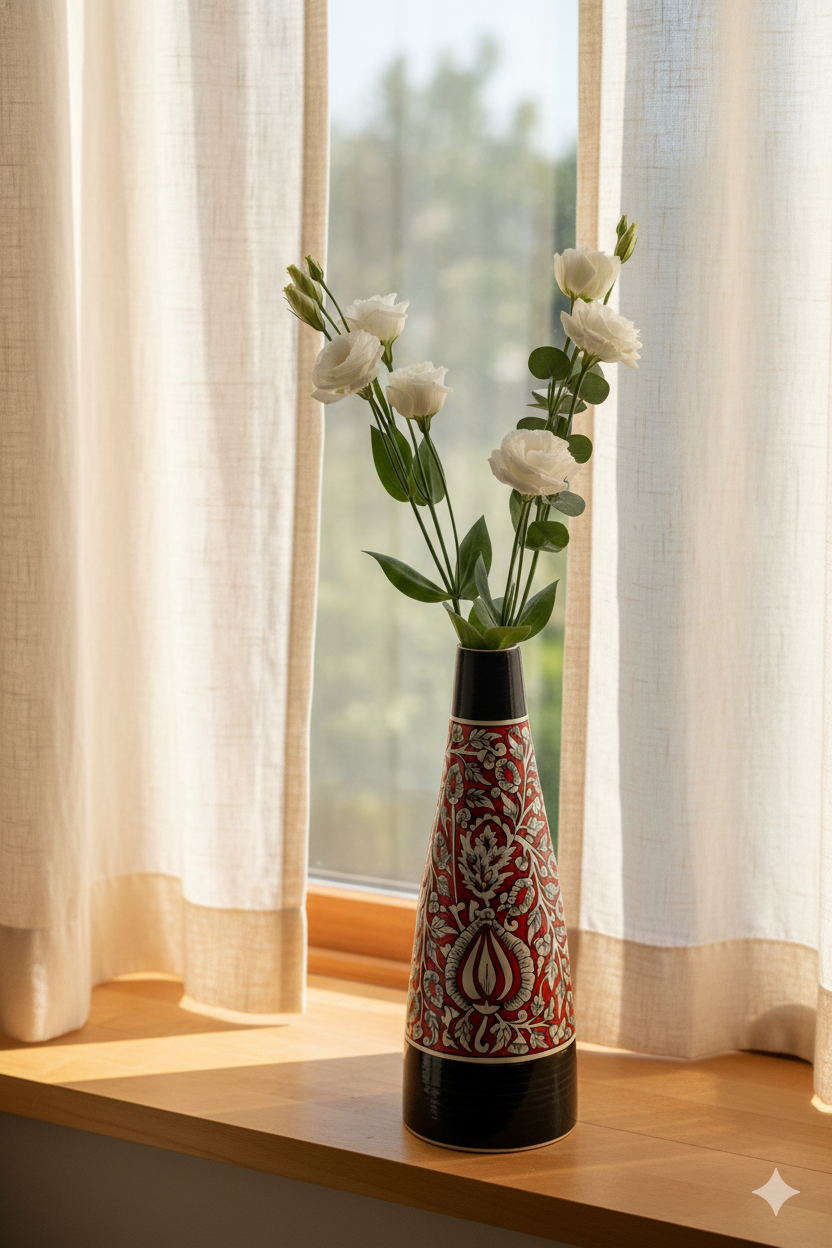 Decorative vase with flowers on a windowsill with light curtains