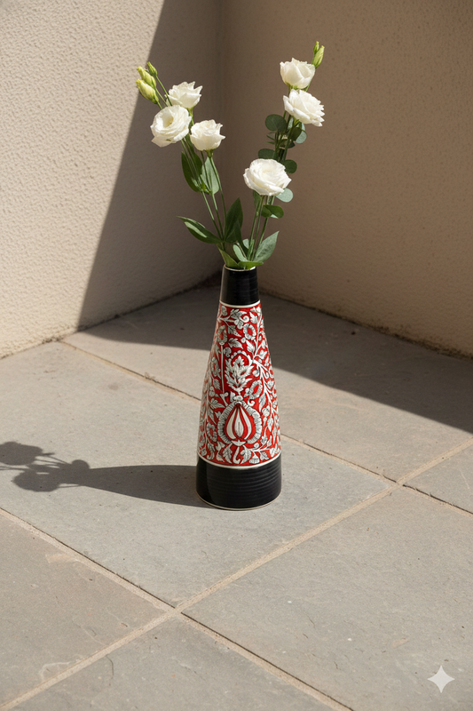 Decorative vase with red patterns and white flowers on a stone floor.