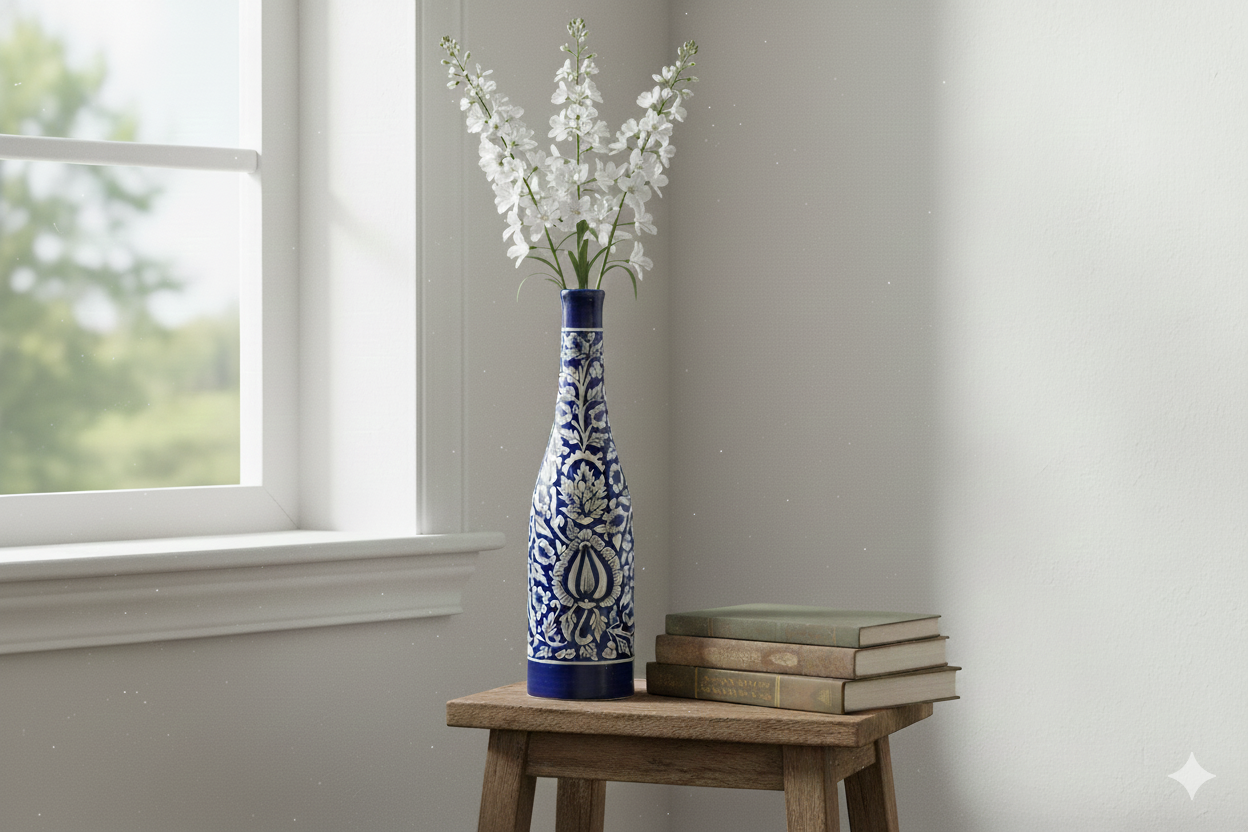 Decorative vase with floral arrangement on a wooden stool by a window
