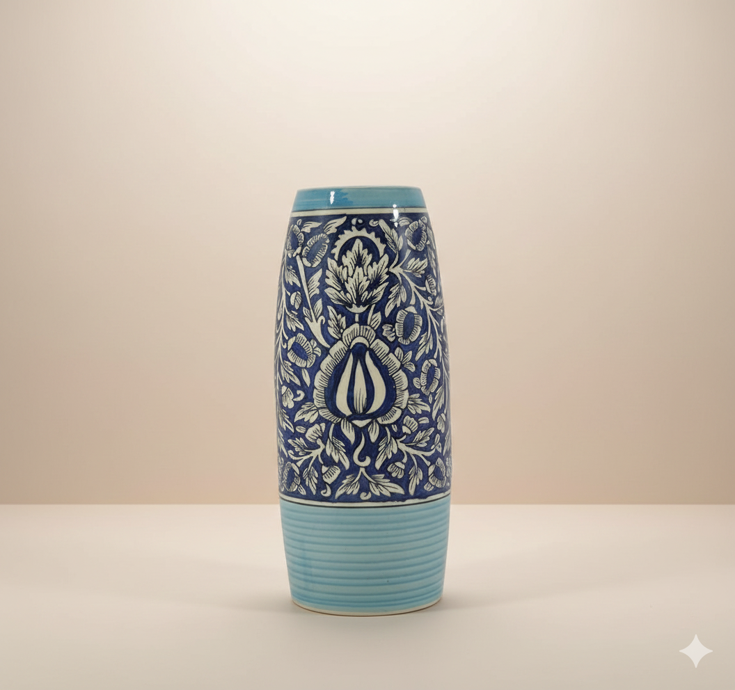 Ceramic vase with blue and white floral patterns on a beige background