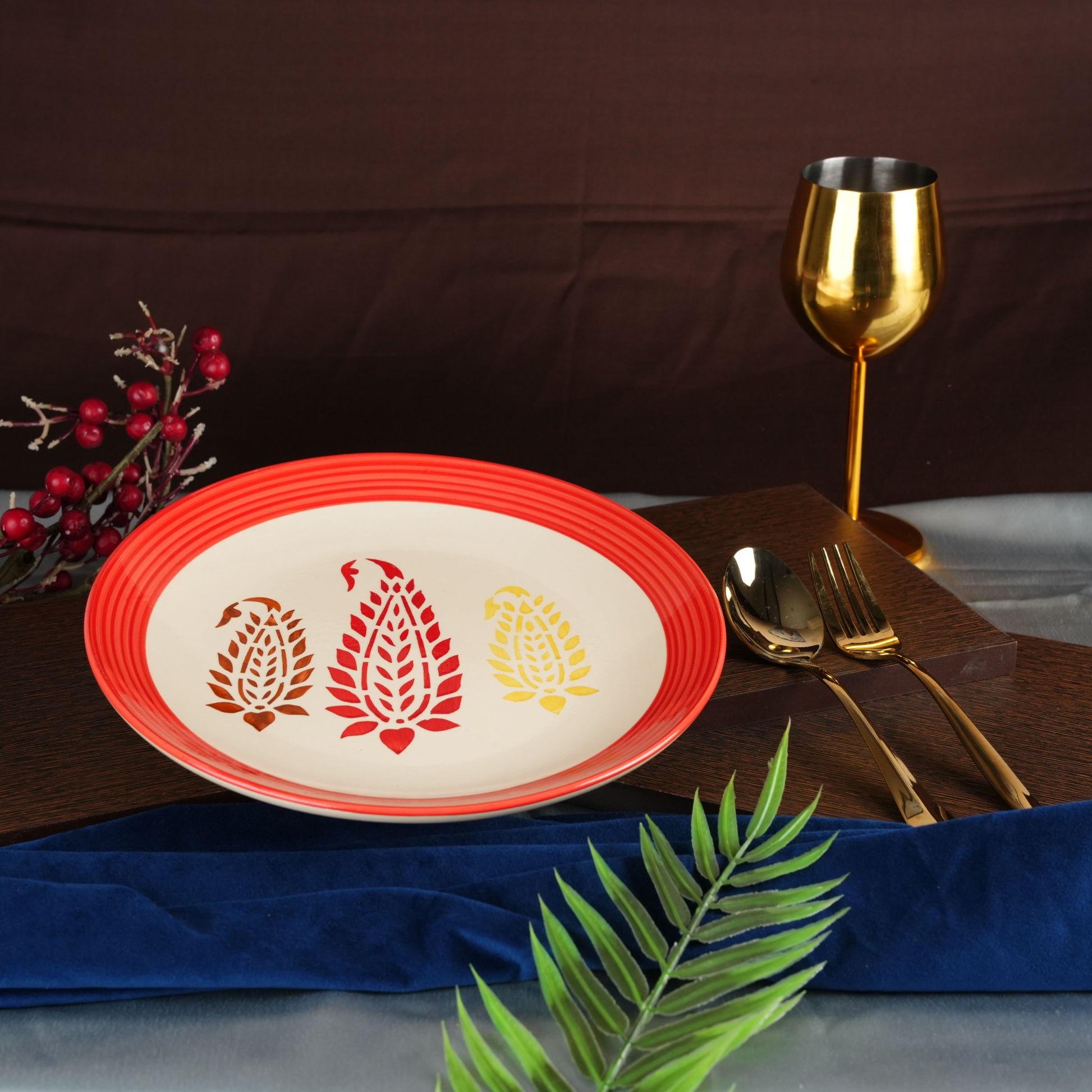 Caffeine Ceramic Handmade Stoneware Red Boota Dinner Plate set of 4 - Caffeine Premium Stoneware