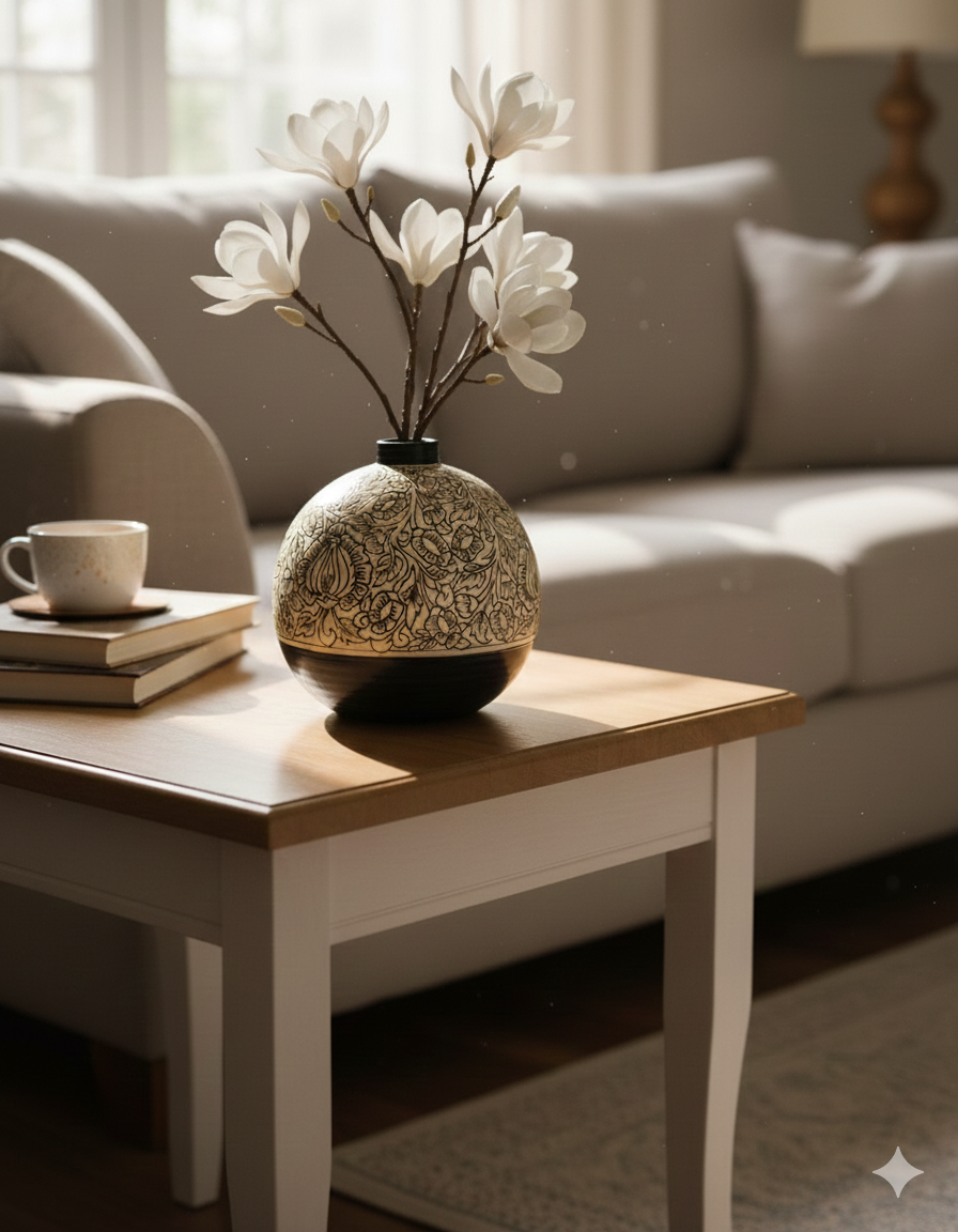 Decorative vase with white flowers on a wooden coffee table in a living room setting.