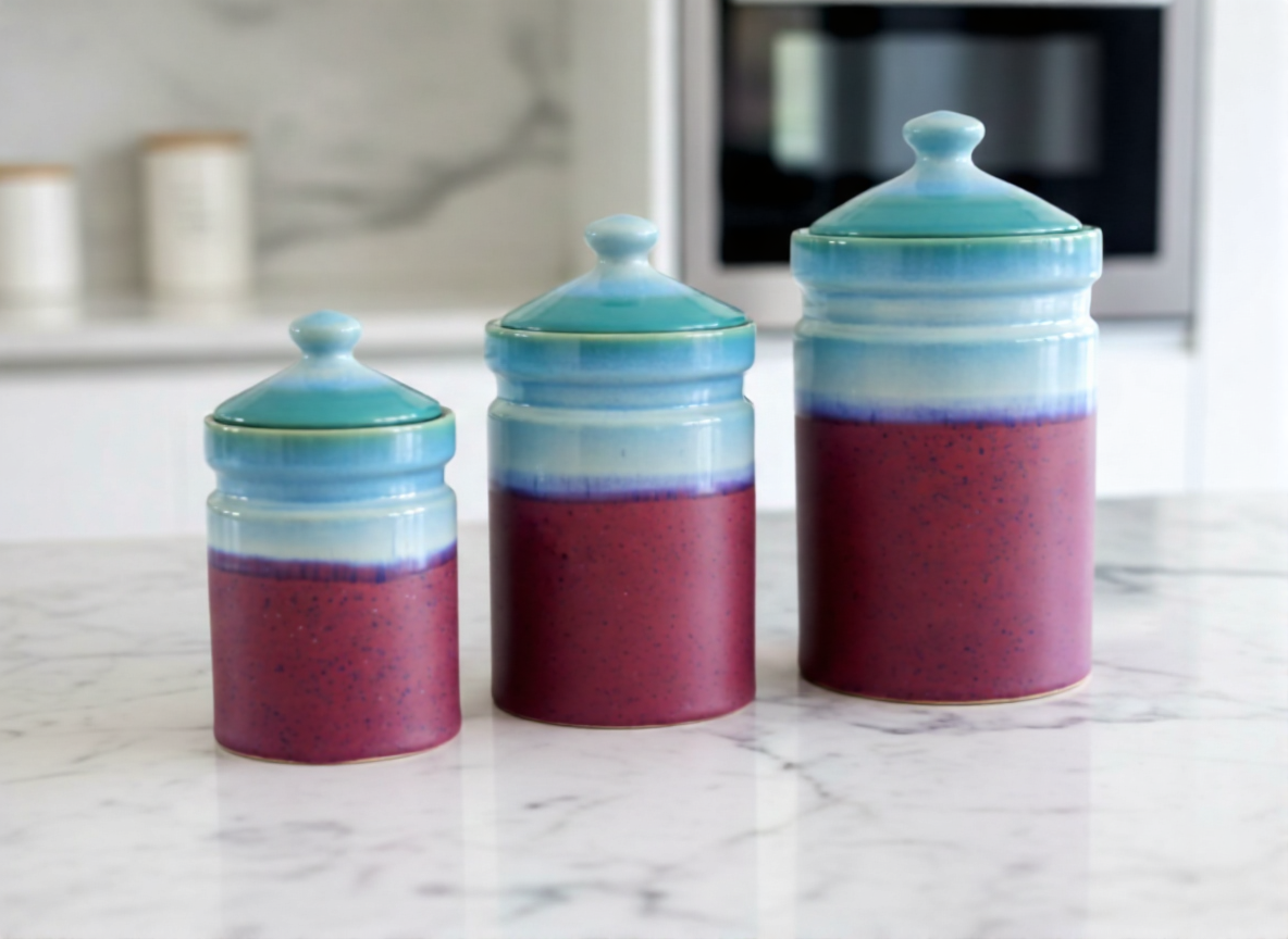 Three ceramic jars with blue and purple glaze on a marble countertop.