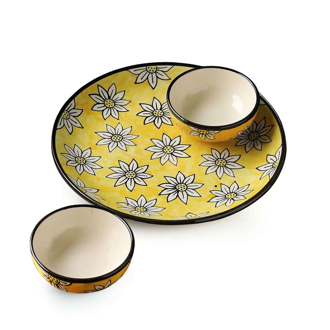 Caffeine Ceramic Handmade Californian Sunflowers Dinner Set (Set of 3) 1 Dinner plate & 2 Katori Bowl