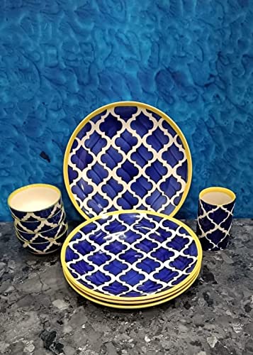 Caffeine Ceramic Handmade Blue Umrao Combo Dinner Set (set of 9)