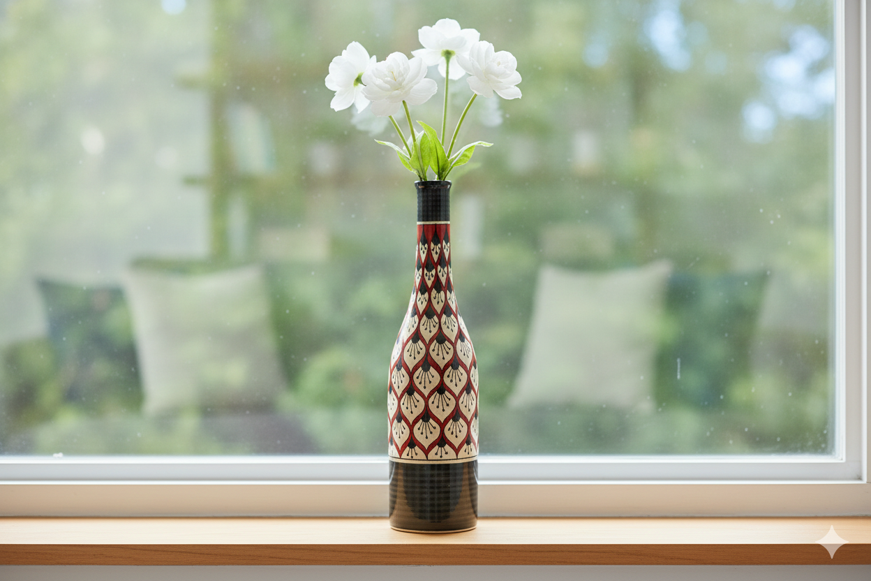 Decorative vase with white flowers on a windowsill