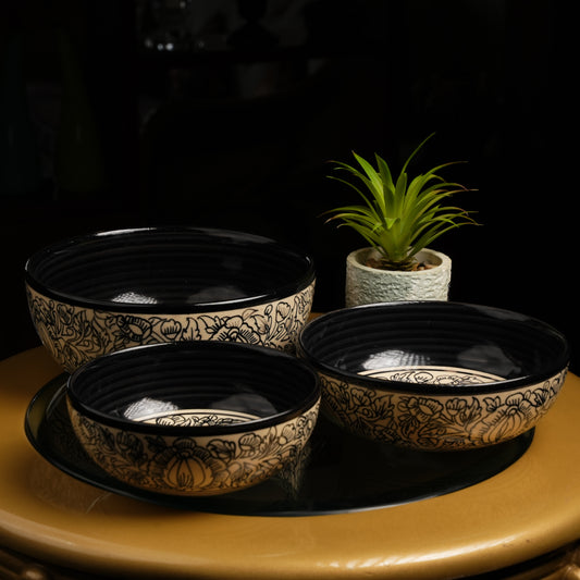 Caffeine Premium Ceramic Handmade Black Perru Serving Bowl (Set of 3) - Caffeine Premium Stoneware