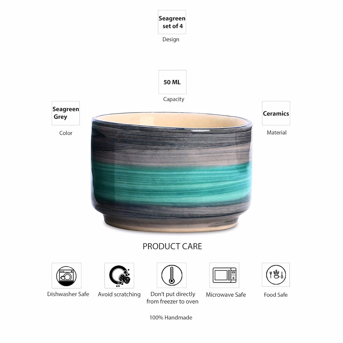 Caffeine Ceramic Stoneware Handmade Sea Green Dip and Sauce (Set of 4, 50 ml) - Caffeine Premium Stoneware