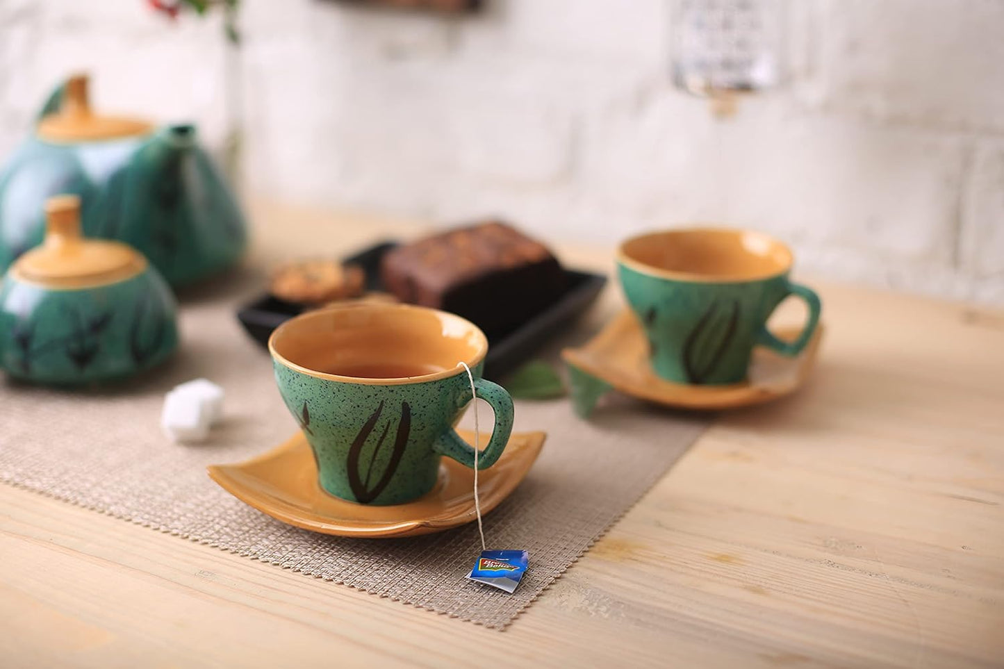 Caffeine Ceramic Handmade Stoneware Golden Turquoise Tea Set (Set of 15 pcs) - Caffeine Premium Stoneware