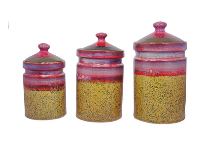 Caffeine Ceramic Stoneware Handmade Pink And Mustard Studio Barni/Pickle Jar (Set of 3) - Caffeine Premium Stoneware