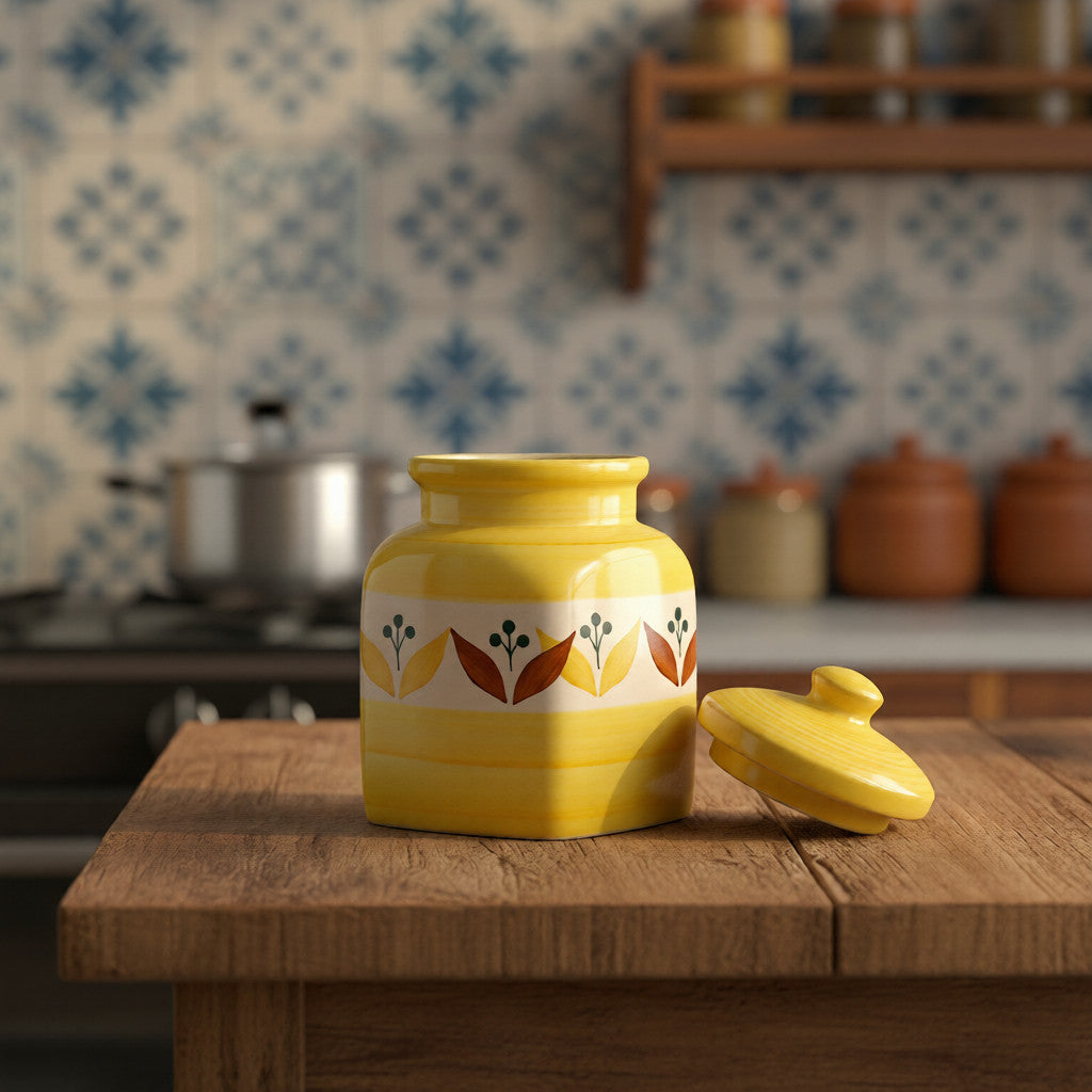 Yellow ceramic jar with floral design on a wooden surface in a kitchen setting