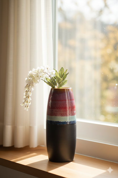 Decorative vase with flowers on a windowsill with sunlight streaming in