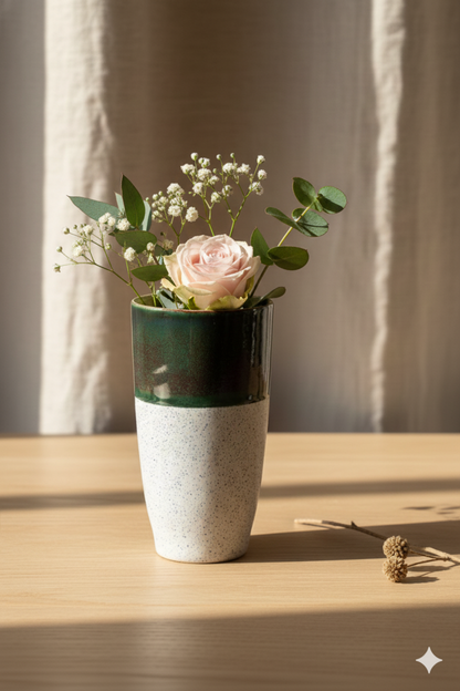 Floral arrangement in a two-toned ceramic vase on a wooden surface with a neutral background