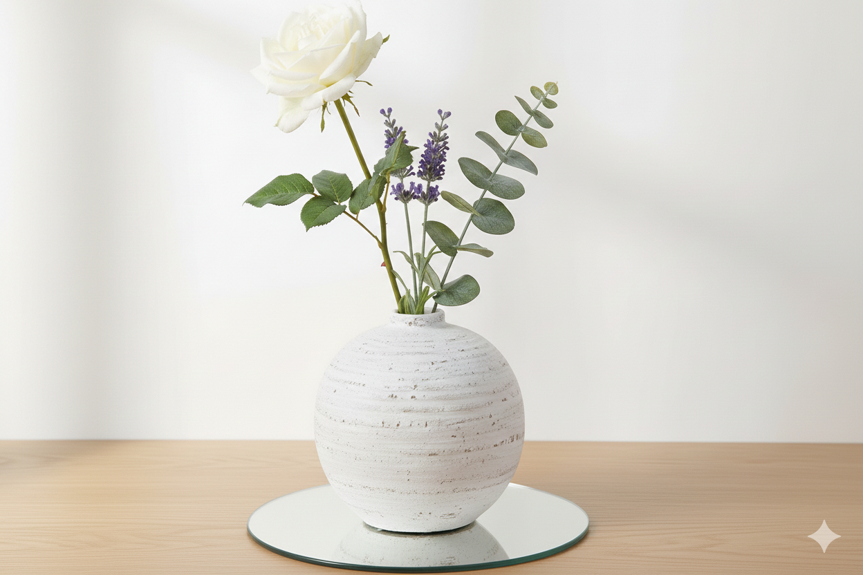 White ceramic vase with flowers on a wooden surface and light background