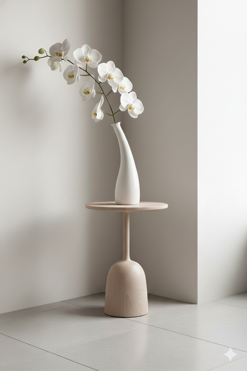 White vase with flowers on a small round table against a plain wall.