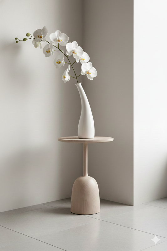White vase with flowers on a small round table against a plain wall.
