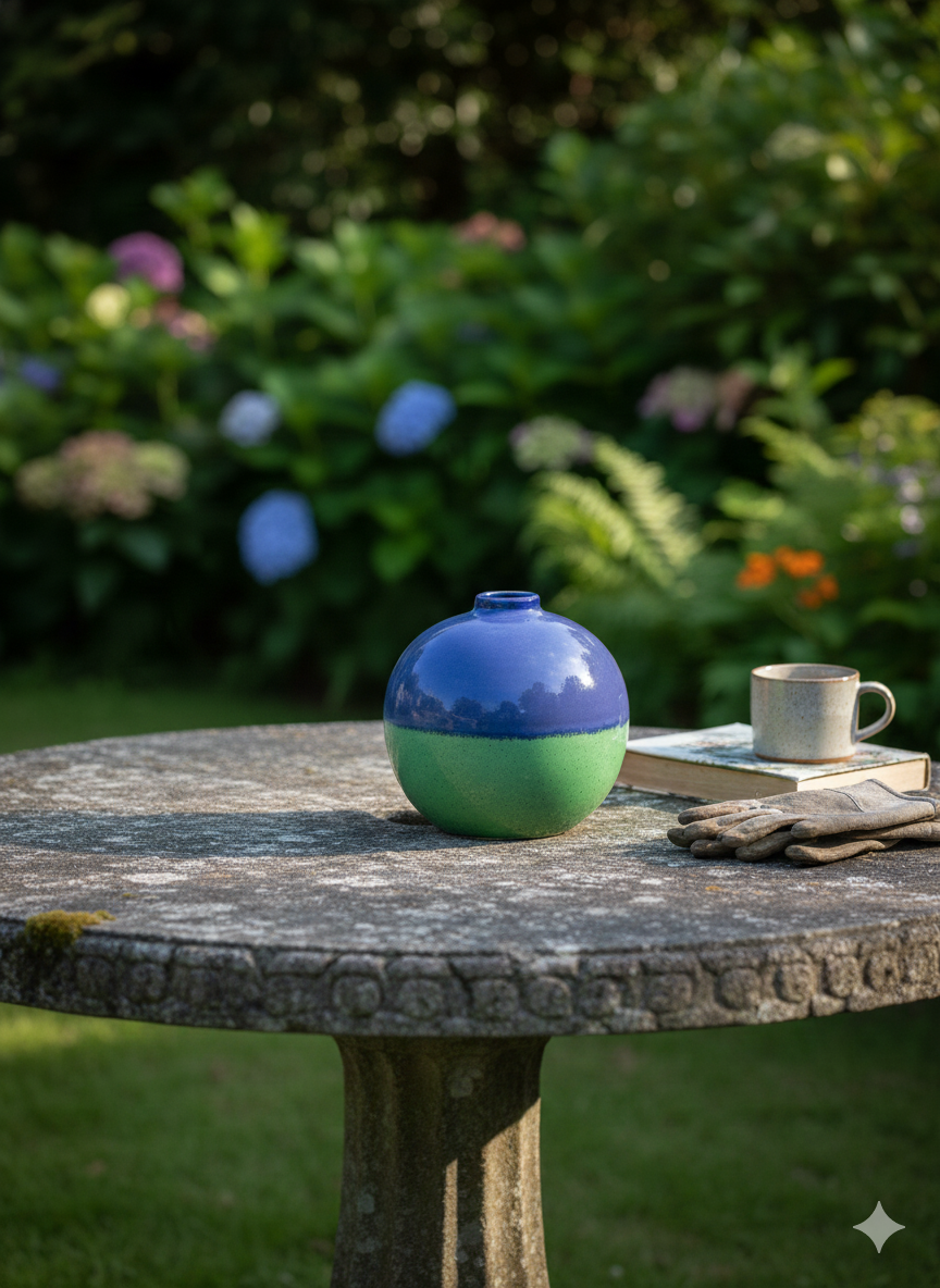 Blue and green ceramic vase on a stone table with a garden background