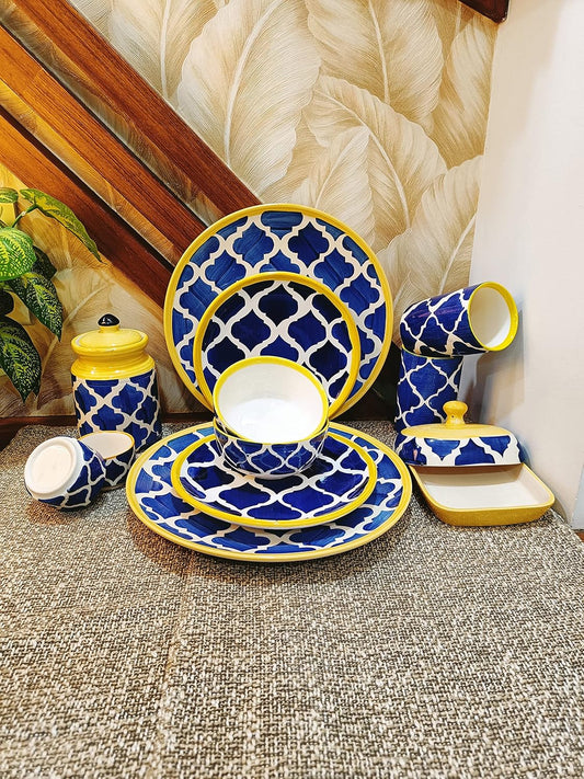 Caffeine Ceramic Handmade Blue Umrao Combo Dinner set (set of 12)