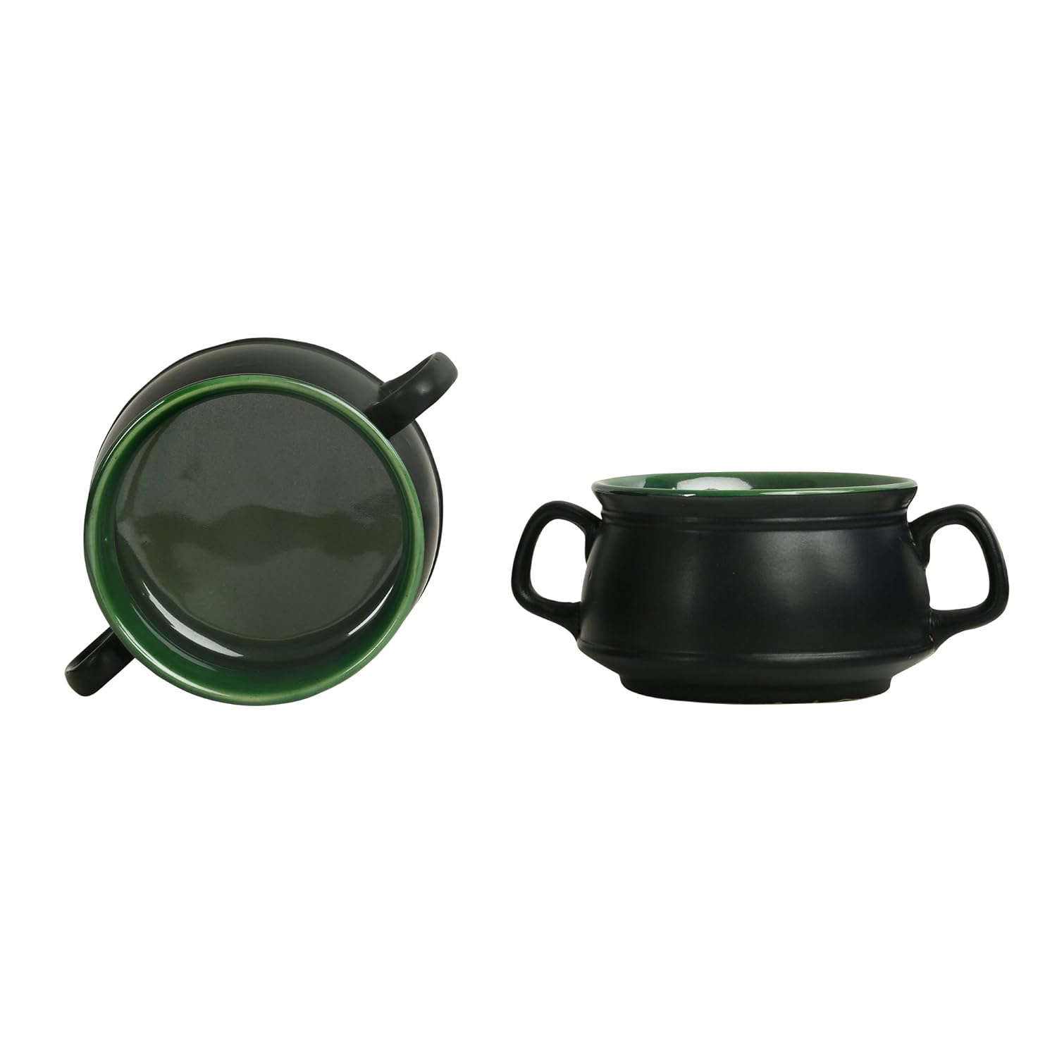 Caffeine Ceramic Handmade Green & Black Double Handled Soup Bowl with Spoon (Set of 2) - Caffeine Premium Stoneware