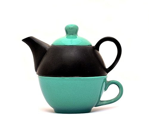 Caffeine Ceramic Handmade Sea Green & Black 2 in 1 Tea Pot set of 1 ( Microwave & Dishwasher Safe)