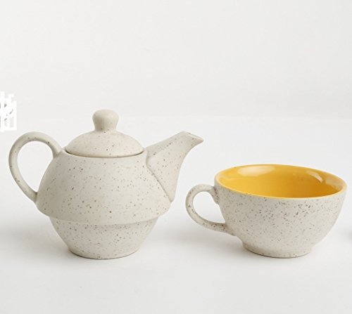 Caffeine Ceramic Handmade White Matte Mustard 2 in 1 Tea Pot (Set of 1, Single Kettle with Cup)