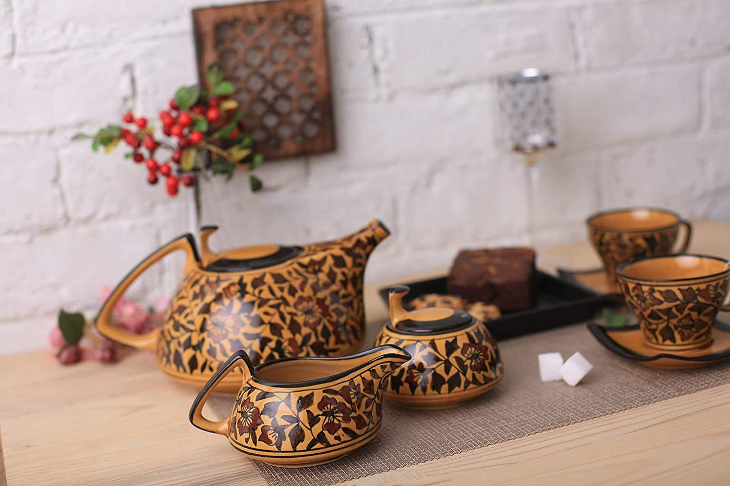 Caffeine Ceramic Handmade Stoneware Brown Sehra Tea Set of 15 - Caffeine Premium Stoneware