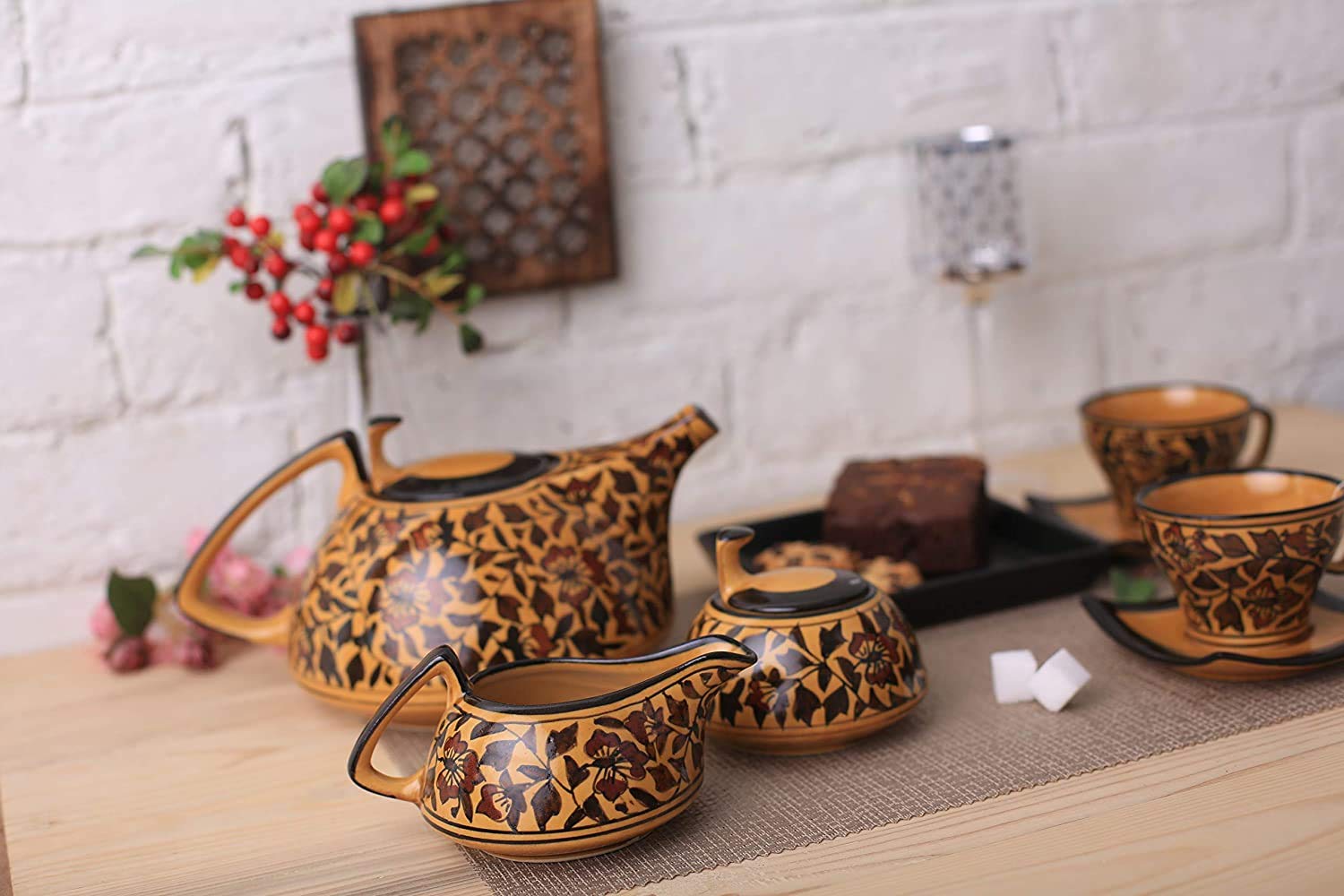 Caffeine Ceramic Handmade Stoneware Brown Sehra Tea Set of 15 - Caffeine Premium Stoneware