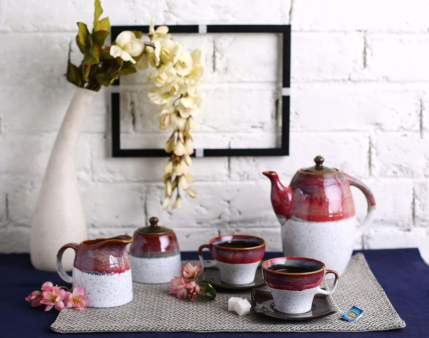 Caffeine Ceramic Handmade Stoneware Pink & White Studio Tea Set of 15 - Caffeine Premium Stoneware