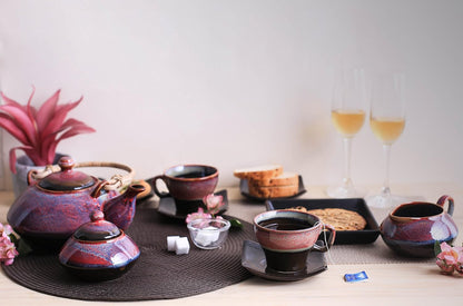 Caffeine Ceramic Handmade Stoneware Plum Ferrous Printed Tea Set of 15 - Caffeine Premium Stoneware