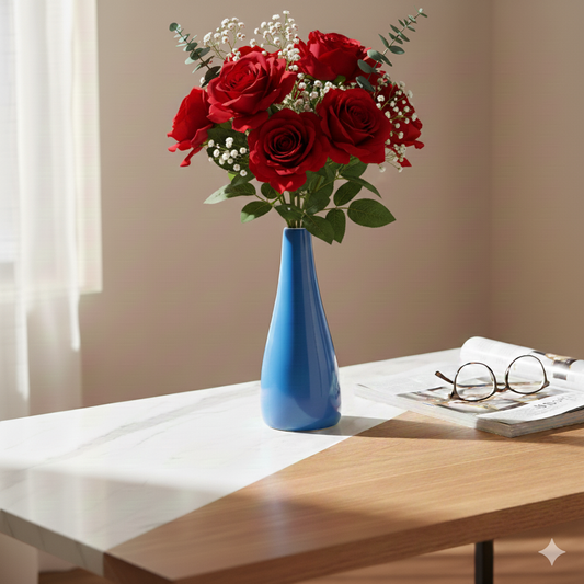 Bouquet of red roses in a blue vase on a wooden table with glasses and a book.