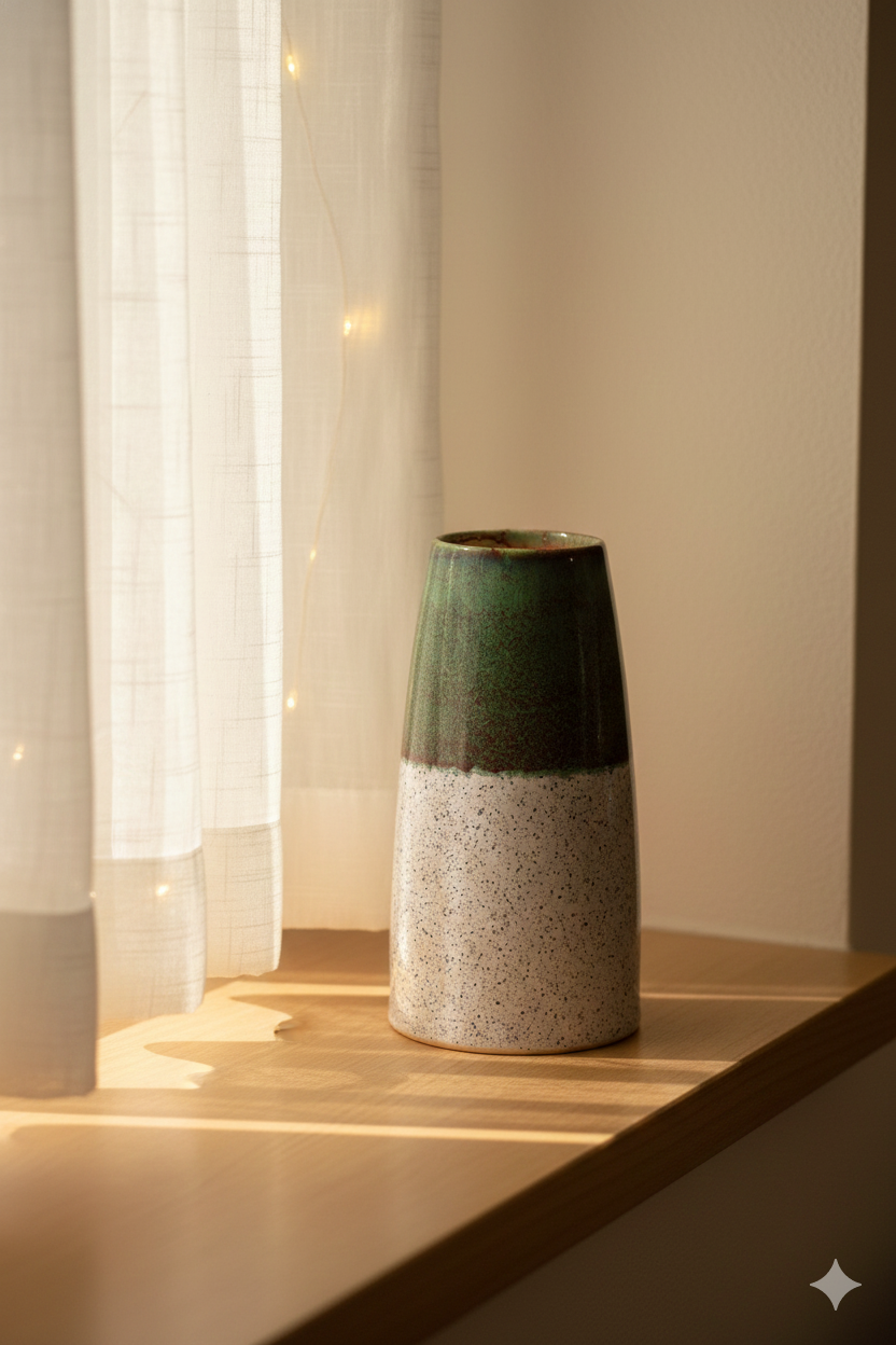 Green and beige ceramic vase on a wooden surface with soft lighting