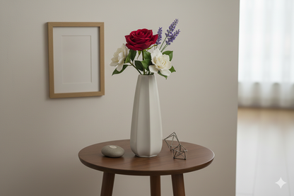 White vase with red and white flowers on a wooden table against a beige wall.