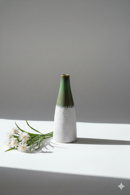 Green and white ceramic vase on a white surface with a gray background
