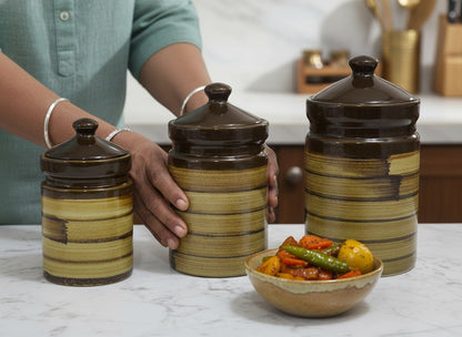 Ceramic jar Trio Wood Brown set of 3 