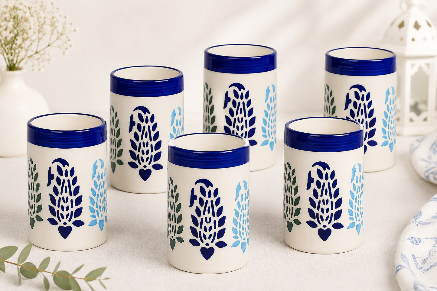 Caffeine Ceramic Handmade Blue Boota Water Glass (300ml) Set of 6