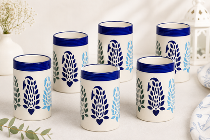 Caffeine Ceramic Handmade Blue Boota Water Glass (300ml) Set of 6