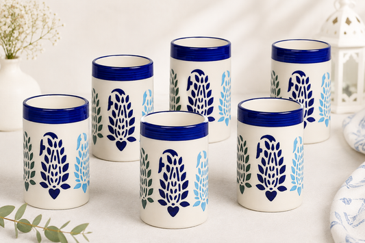 Caffeine Ceramic Handmade Blue Boota Water Glass (300ml) Set of 6