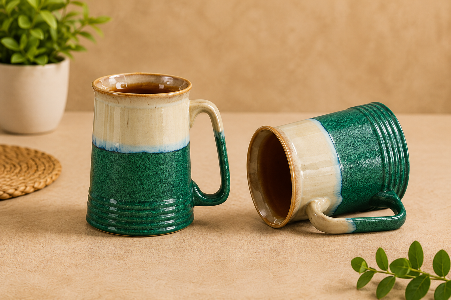 Caffeine Ceramic Handmade Cream and Green Studio Beer Mug – Set of 4