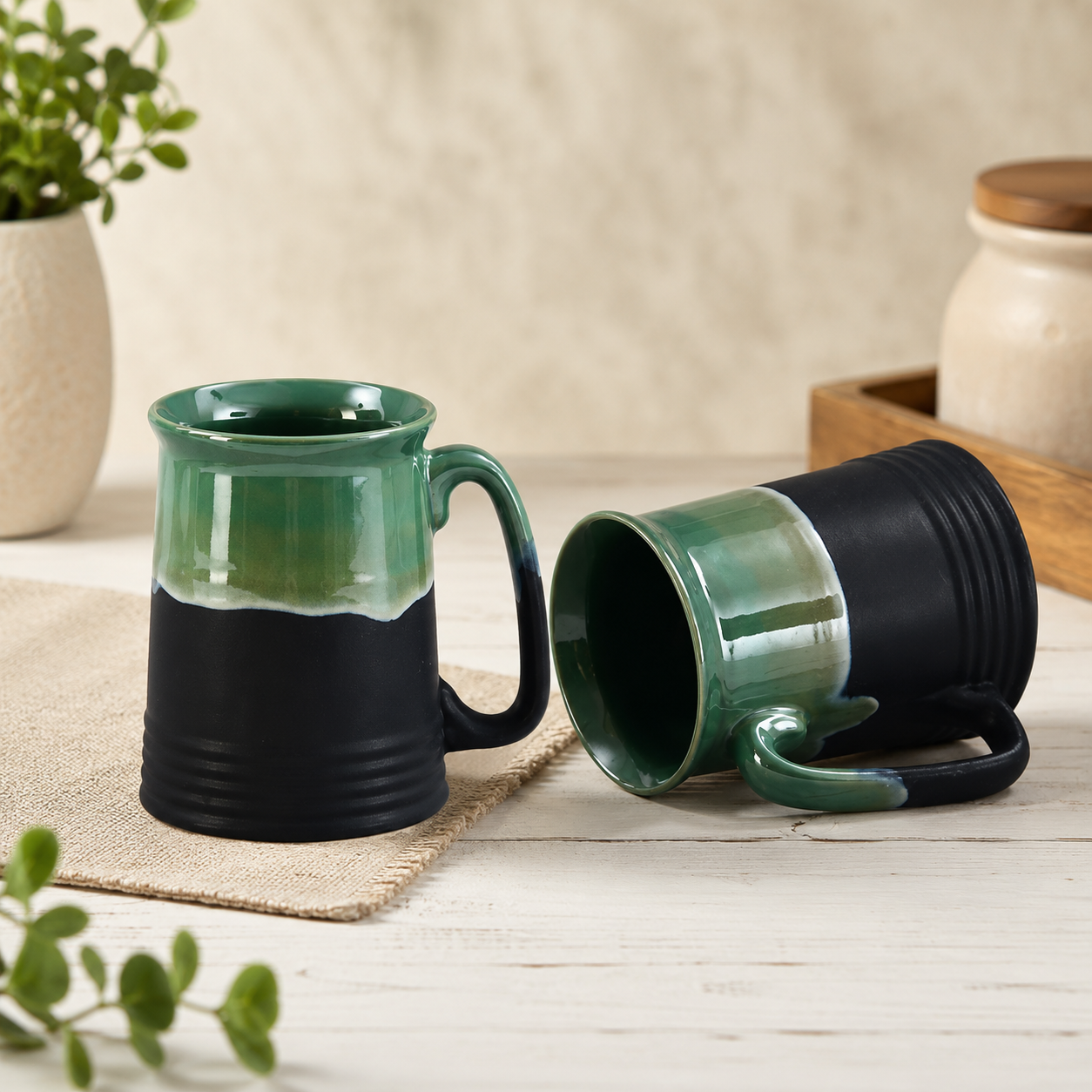 Caffeine Ceramic Handmade Green and Black Studio Beer Mug - Set of 4