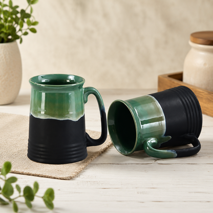 Caffeine Ceramic Handmade Green and Black Studio Beer Mug - Set of 4