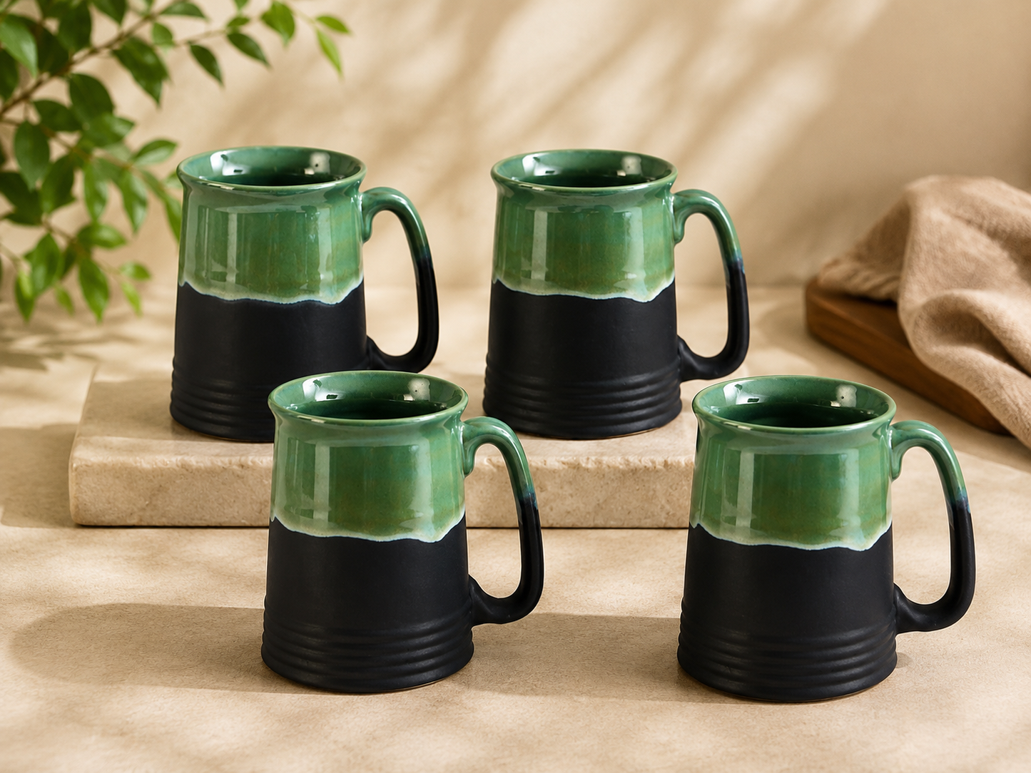 Caffeine Ceramic Handmade Green and Black Studio Beer Mug - Set of 4