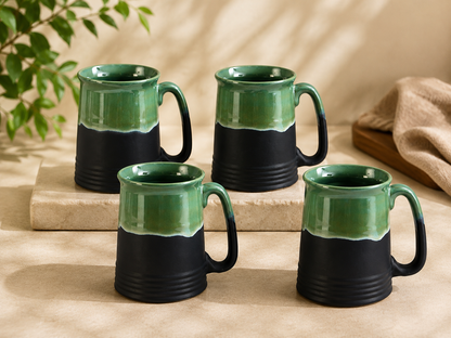 Caffeine Ceramic Handmade Green and Black Studio Beer Mug - Set of 4