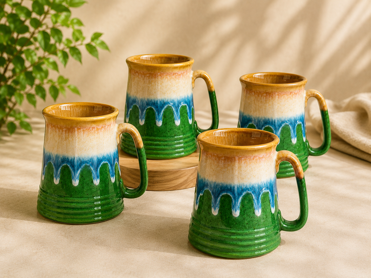Caffeine Ceramic Handmade Green & Multi Color Beer Mug (Set of 4)
