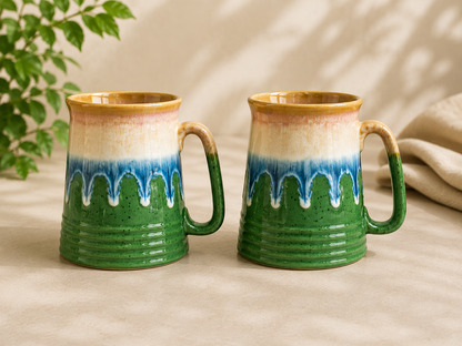 Caffeine Ceramic Handmade Green & Multi Color Beer Mug (Set of 4)