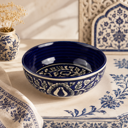 Caffeine Ceramic Handmade Blue Mughal Serving Bowl 6.5" (set of 1) small