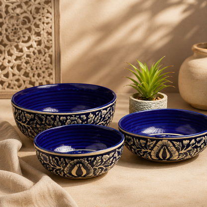 Caffeine Ceramic Handmade Blue Mughal Serving Bowl (Set of 3)