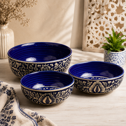 Caffeine Ceramic Handmade Blue Mughal Serving Bowl 6.5" (set of 1) small